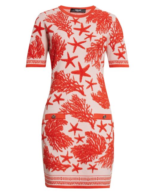 Versace Red Coral & Starfish Jacquard Sweater Dress