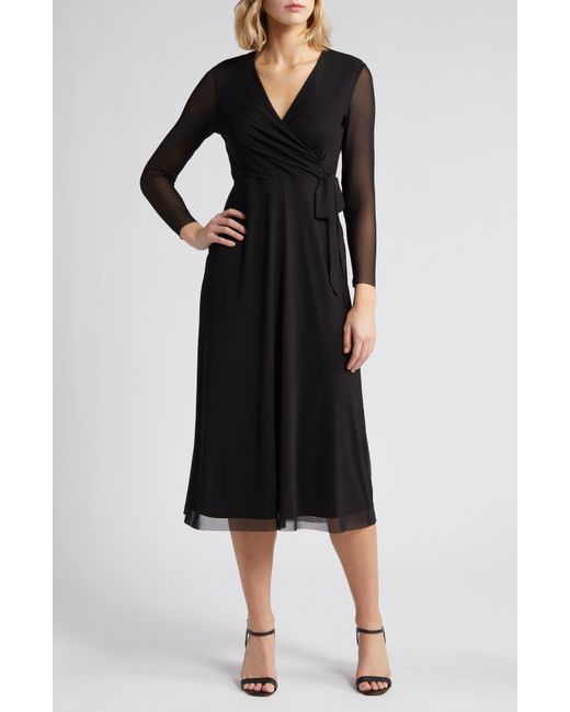 Anne Klein Black Long Sleeve Midi Wrap Dress