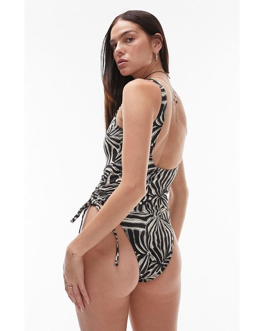 TOPSHOP Black Cinched Abstract Print One-piece Swimsuit