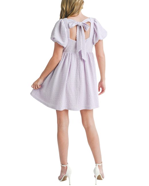 All In Favor Purple Puff Sleeve Tie Back Babydoll Minidress In At Nordstrom, Size Small