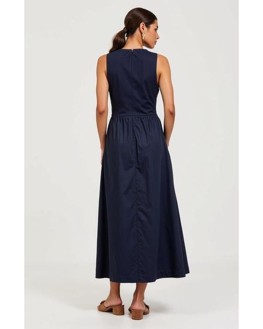 Modenaire Blue Sleeveless Crewneck Midi Dress With Gathered Waist And Pockets