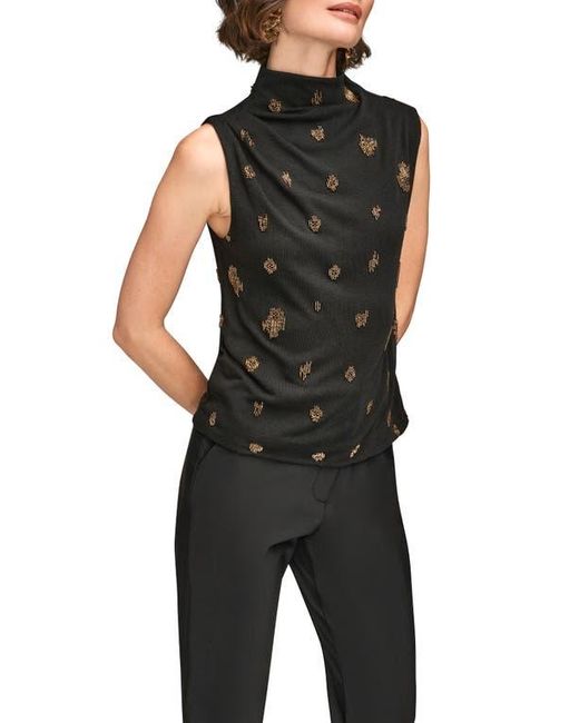 Donna Karan Black Embellished Ruched High Neck Sleeveless Knit Top