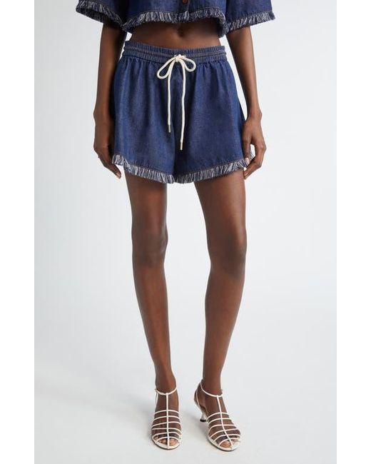 Zimmermann Blue Rhiannon Drawstring Waist Fringe Hem Denim Shorts