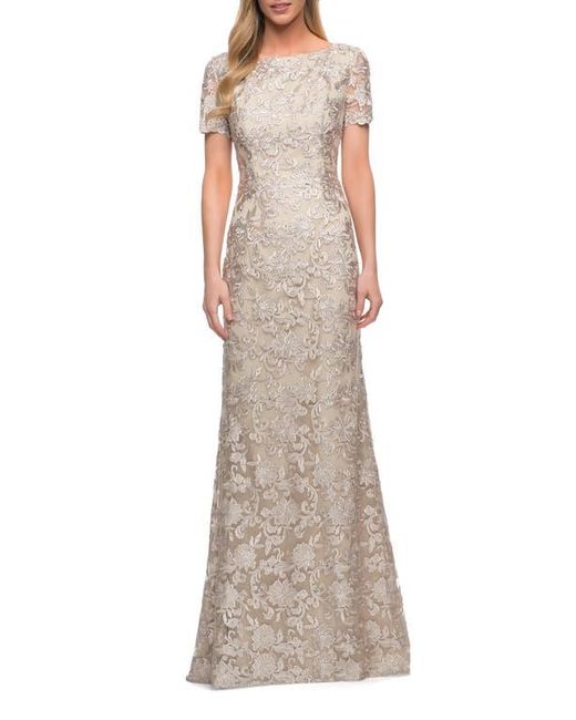 La Femme Brown Beautiful Lace Mother Of The Bride Dress With Short Sleeves