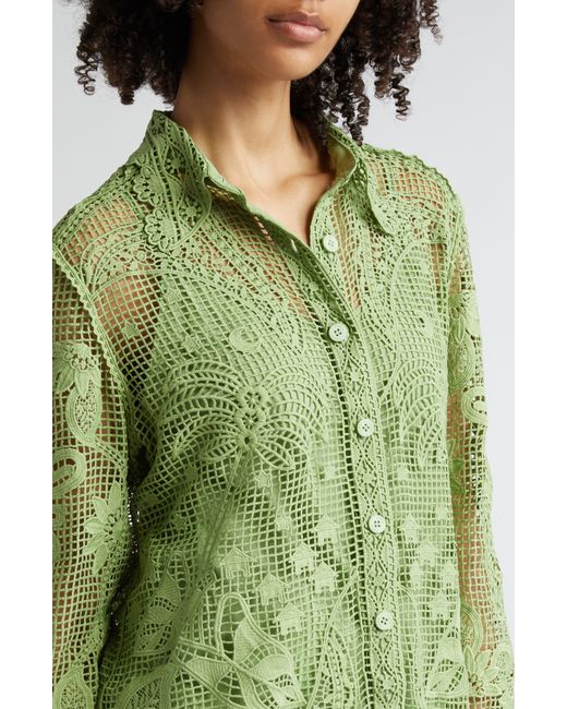 Farm Rio Green Guipure Lace Button-up Shirt