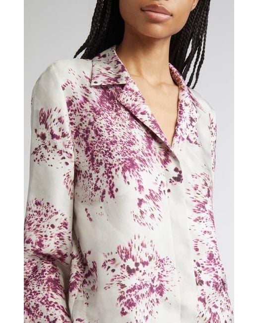 Lafayette 148 New York Pink Scottie Spotted Glaze Print Silk Twill Button-Up Shirt