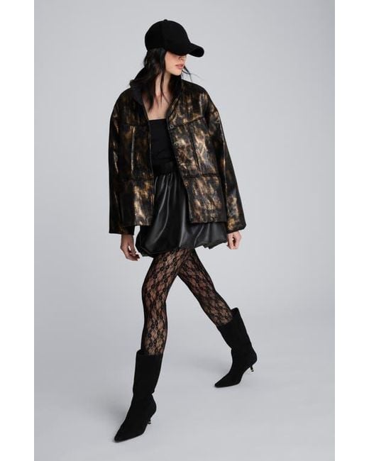 Kenneth Cole Black Animal Print Foiled Satin Seamed Puffer Jacket
