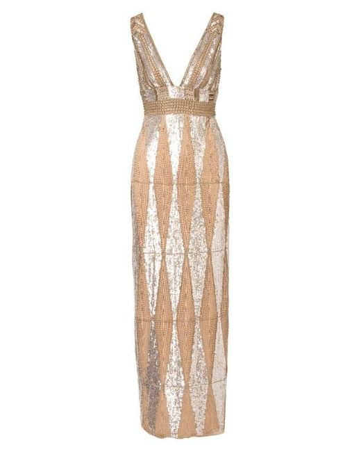 Aidan Mattox Plunge Neck Beaded Gown in Natural | Lyst