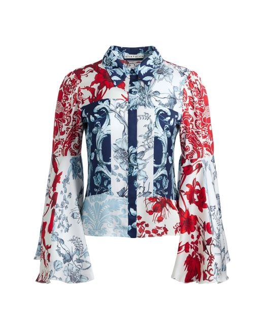 Alice + Olivia Blue Alice + Olivia Willa Mixed Floral Bell Sleeve Satin Top