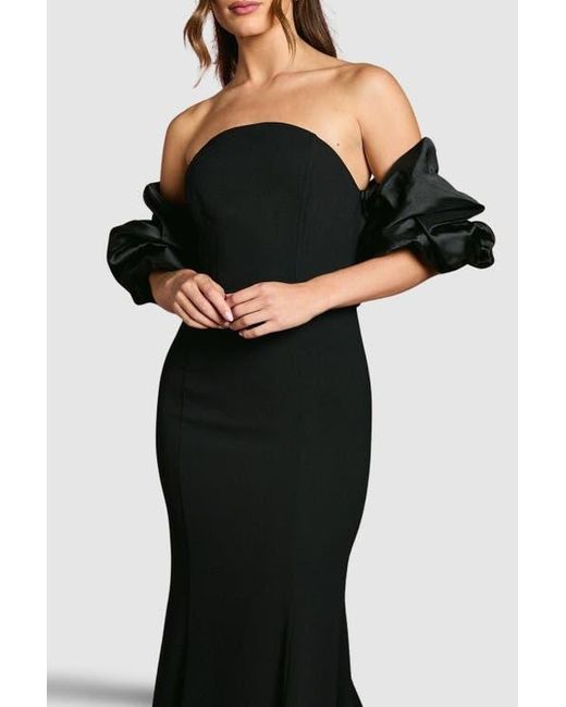 black bardot cut out fishtail maxi dress Coast Puff Sleeve in Asos edition Color:Navy & Yellow Stripe fabric:twill Exclusive Dark brown shoes Long sleeves