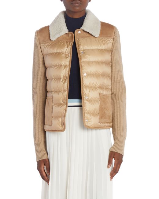 Moncler White Wool Knit & Quilted Nylon Cardigan With Genuine Shearling Collar