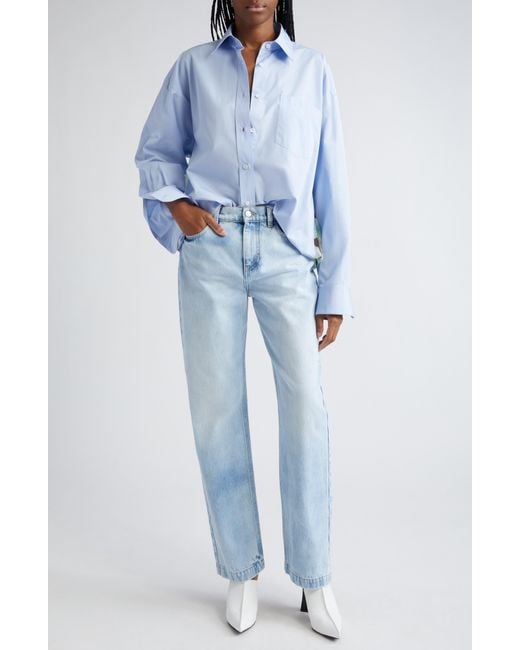 Stella McCartney Blue Floral Print Oversize Cotton & Silk Chiffon Button-up Shirt