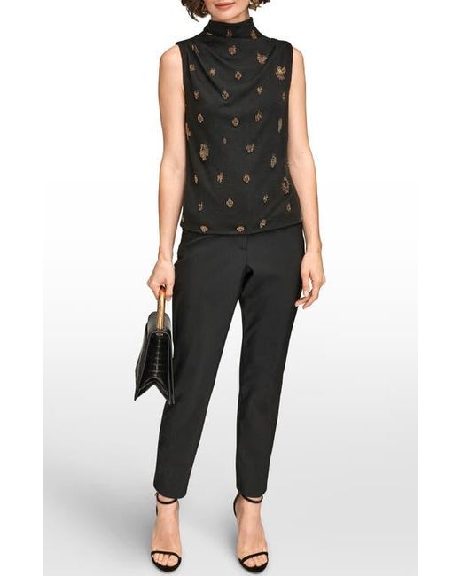 Donna Karan Black Embellished Ruched High Neck Sleeveless Knit Top