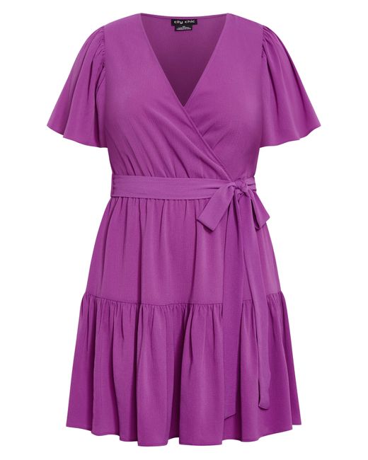 City Chic Purple Catherine Tiered Flutter Sleeve Faux Wrap Dress