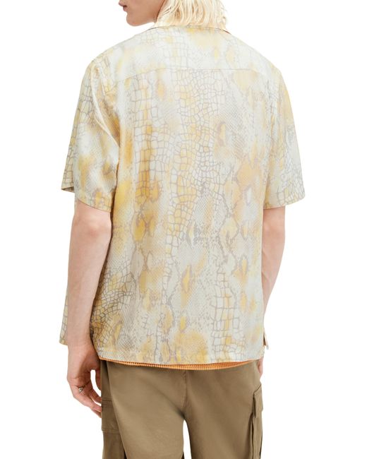 AllSaints Natural Skrale Snake Print Convertible Collar Camp Shirt for men