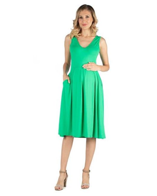 24seven Comfort Apparel Green Maternity Fit And Flare Sleeveless Midi Dress With Pockets