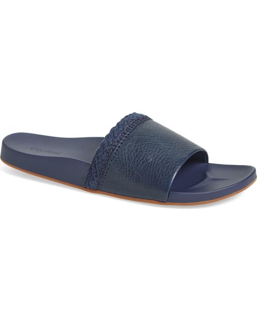 Olukai Blue Pākea Leather Slide Sandal