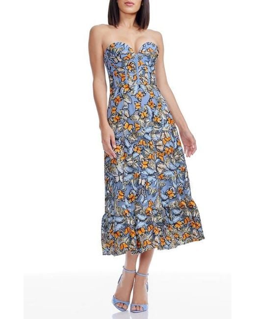 Dress the Population Carina Butterfly Appliqu Strapless Cocktail Midi Dress  in Blue | Lyst