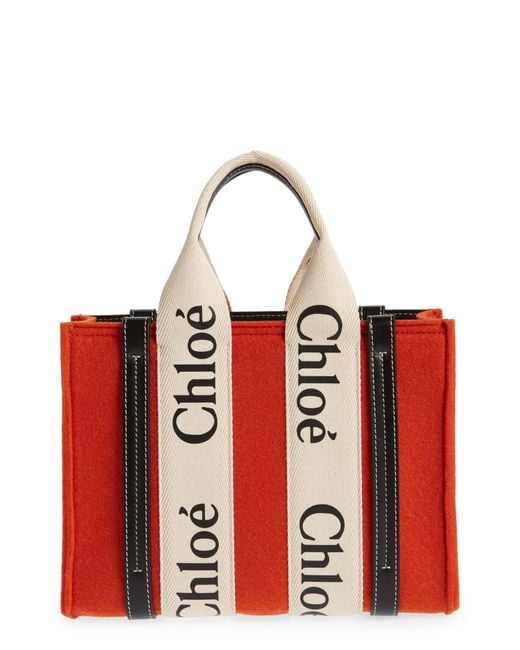 Chloé Red Small Woody Logo Strap Felt Tote