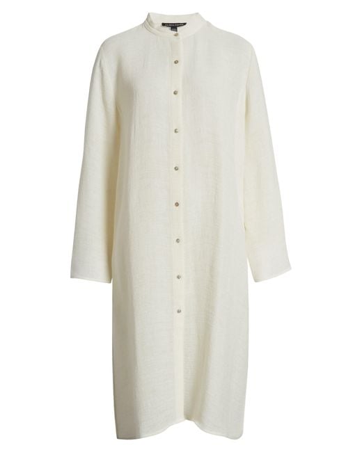 Eileen Fisher White Band Collar Longline Organic Linen Blend Button-up Shirt