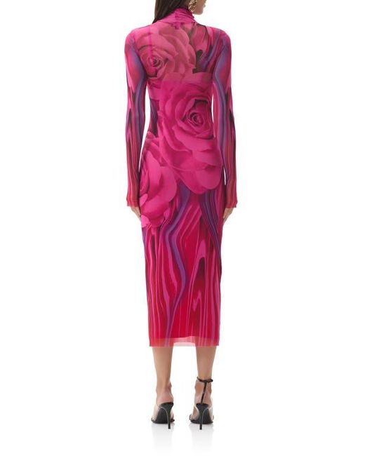AFRM Red Shailene Print Long Sleeve Powermesh Body-Con Midi Dress