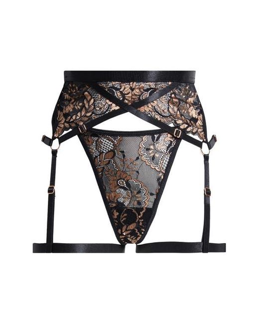 Coquette Strappy Underwire Bra, Thong & Garter Belt Set in Brown
