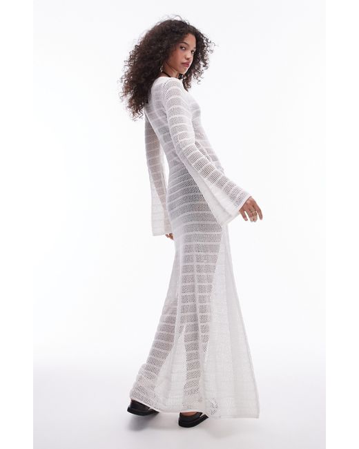 TOPSHOP White Open Stitch Long Sleeve Cotton Blend Maxi Dress