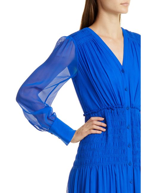 Jason Wu Blue Smocked Waist Long Sleeve Silk Chiffon Midi Dress