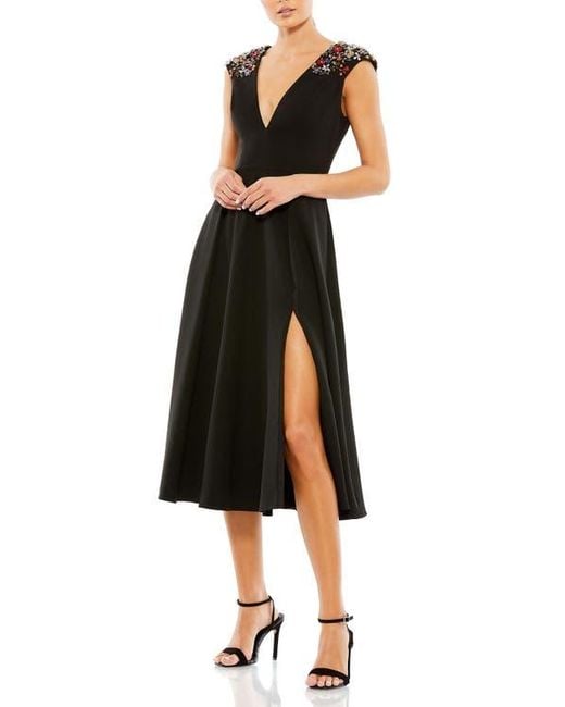 Mac Duggal Black Chic V Neck Floral Beaded Shoulder Midi Dress