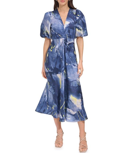 DKNY Blue Print Puff Sleeve Satin Midi Dress