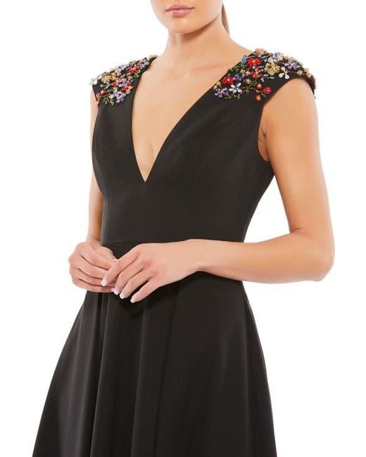 Mac Duggal Black Chic V Neck Floral Beaded Shoulder Midi Dress