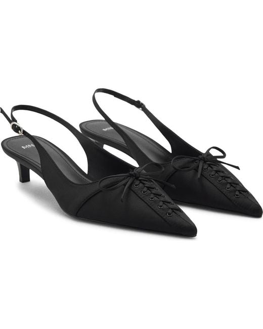 Mango Black Bow Pointed Toe Kitten Heel Slingback Pump