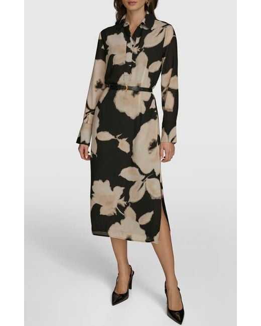 Donna Karan Multicolor Floral Print Long Sleeve Shirtdress