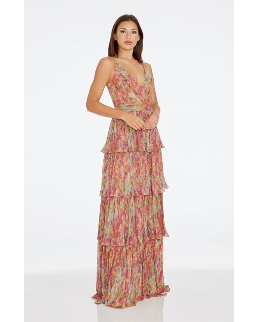 Dress the Population Orange Lorain Abstract Print Metallic Tiered Gown