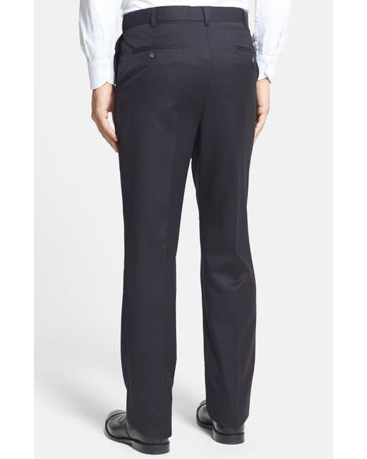 Berle Blue Self Sizer Waist Flat Front Classic Fit Wool Gabardine Trousers for men