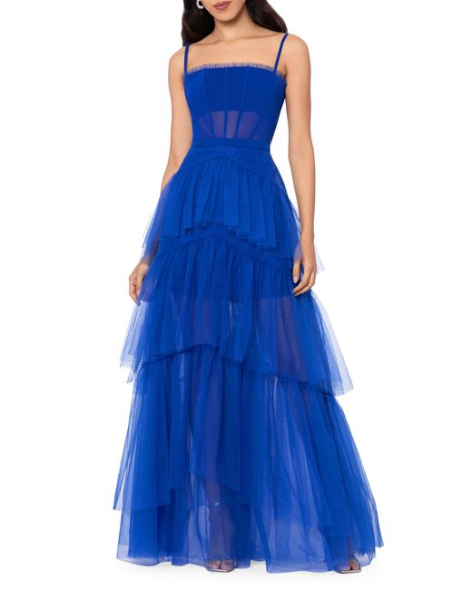 Betsy & Adam Blue Tiered Tulle Ruffle Gown