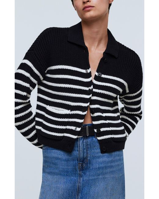 Madewell Black Melanie Stripe Cotton Crop Cardigan Sweater