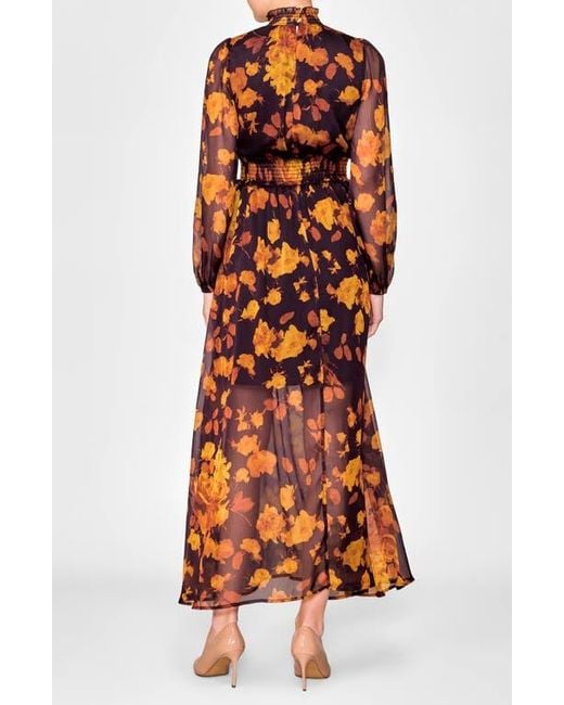 MELLODAY Orange Floral Long Sleeve Chiffon Dress