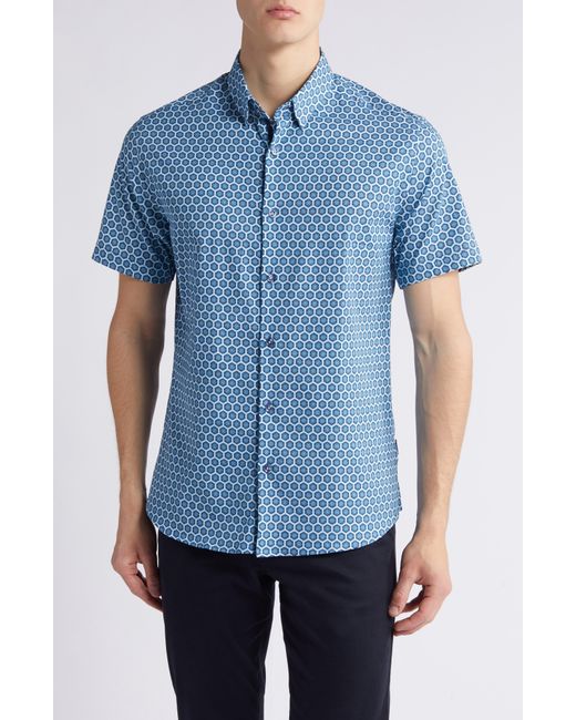 Stone Rose Blue Sun Hex Trim Fit Short Sleeve Stretch Button-up Shirt for men