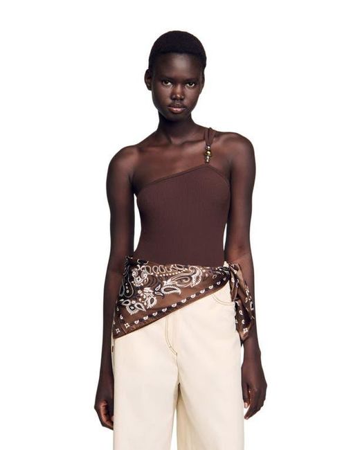 Sandro Brown Asymmetric Leotard With Bead Detail