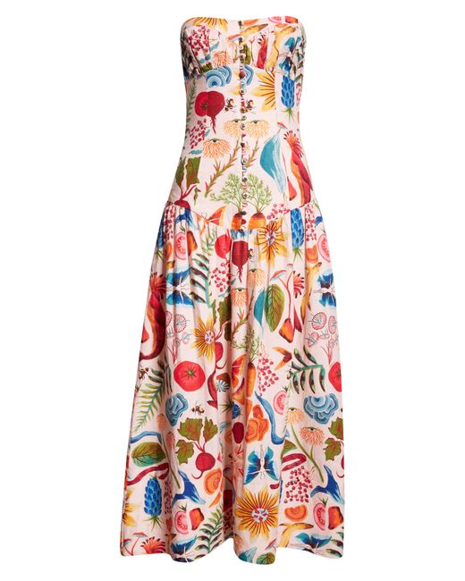 Farm Rio White Bright Farm Print Strapless Linen Blend Maxi Dress