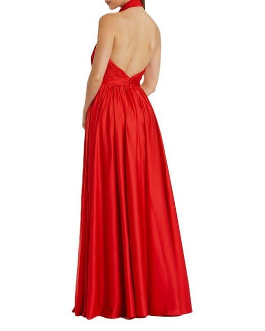 Mac Duggal Red Rosette Halter Chiffon Evening Gown