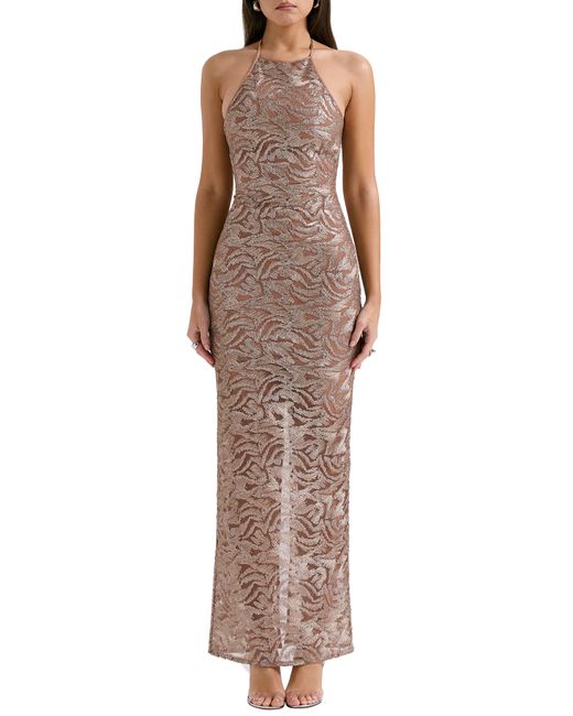 House Of Cb Brown Giada Beaded Halter Gown