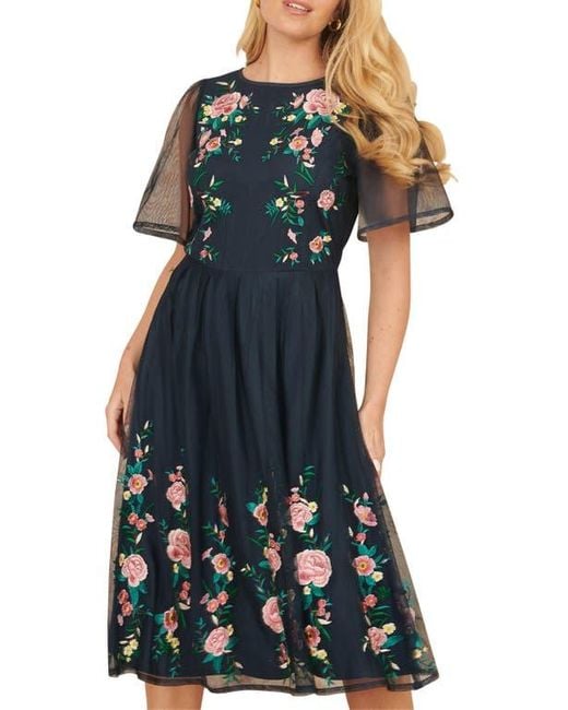 Yumi' Blue Embroidered Mesh Sleeve Prom Dress
