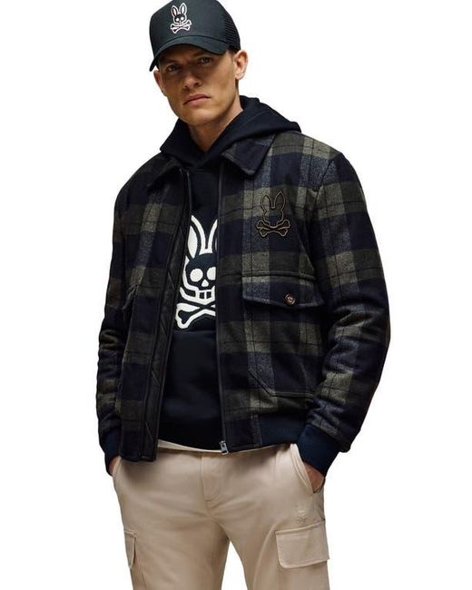 Psycho Bunny Men's Black Gavin Plaid Wool Blend Bomber Jacket