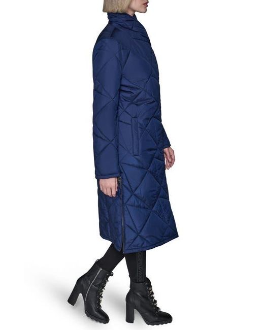 Karl Lagerfeld Blue Quilted Asymmetric Midi Coat