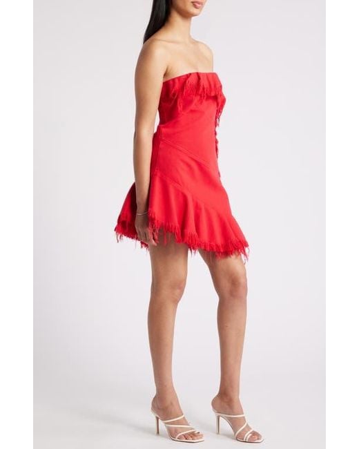 Mistress Rocks Frayed Strapless Denim Minidress in Red | Lyst