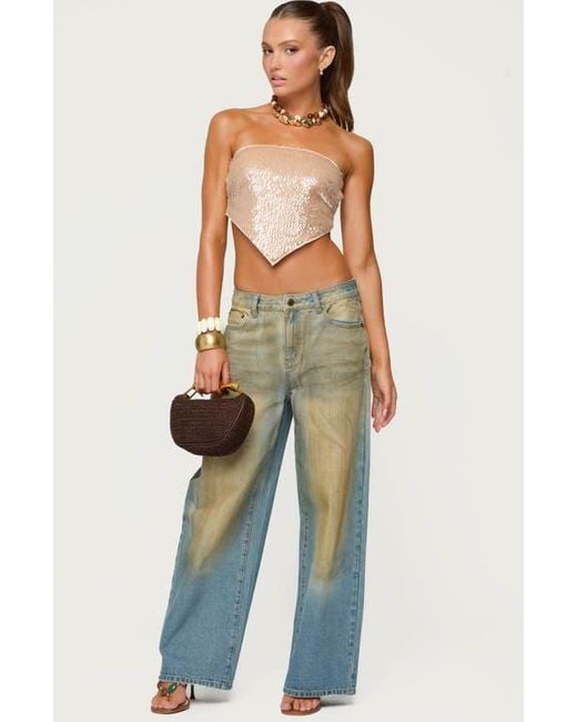 Edikted Green Sequin Strapless Handkerchief Crop Top