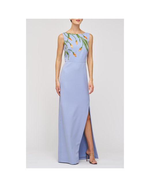 Kay Unger Blue Ira Placed Paillette Floral Column Gown