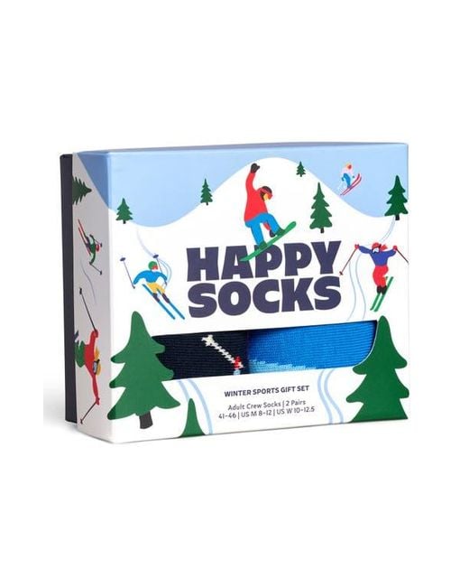 Happy Socks Blue Winter Sports Assorted 2-Pack Cotton Blend Crew Socks Gift Box for men
